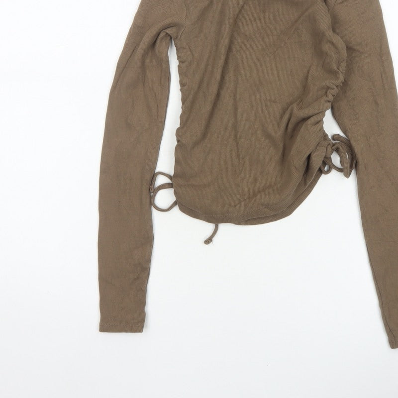 Pull&Bear Women Brown M Ribbed Ruched Drawstring Long Sleeve T-Shirt