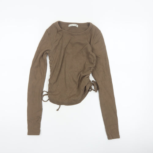 Pull&Bear Women Brown M Ribbed Ruched Drawstring Long Sleeve T-Shirt