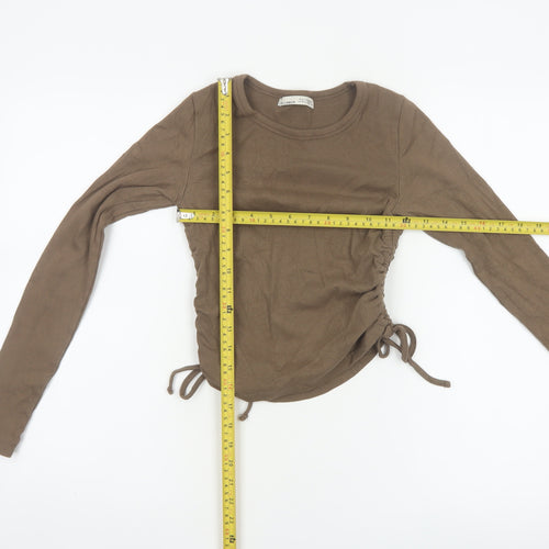 Pull&Bear Women Brown M Ribbed Ruched Drawstring Long Sleeve T-Shirt