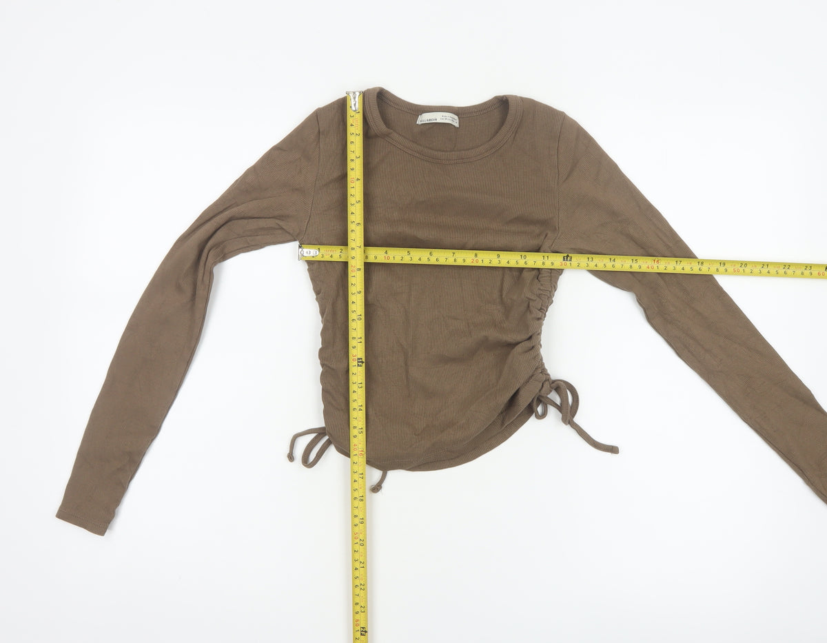 Pull&Bear Women Brown M Ribbed Ruched Drawstring Long Sleeve T-Shirt