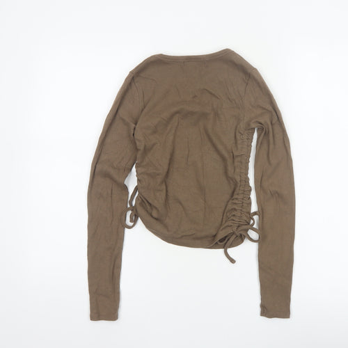 Pull&Bear Women Brown M Ribbed Ruched Drawstring Long Sleeve T-Shirt