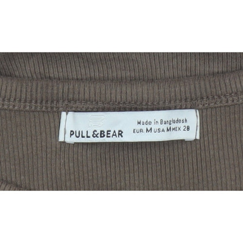 Pull&Bear Women Brown M Ribbed Ruched Drawstring Long Sleeve T-Shirt