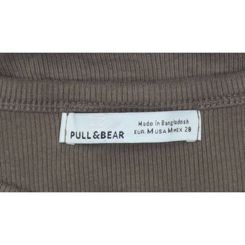 Pull&Bear Women Brown M Ribbed Ruched Drawstring Long Sleeve T-Shirt