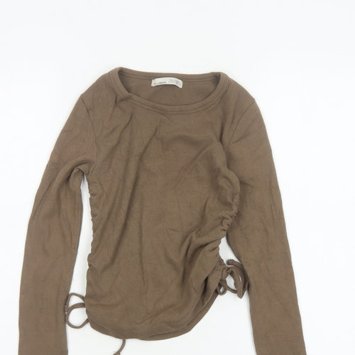 Pull&Bear Women Brown M Ribbed Ruched Drawstring Long Sleeve T-Shirt