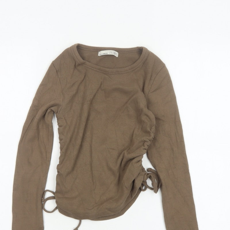 Pull&Bear Women Brown M Ribbed Ruched Drawstring Long Sleeve T-Shirt