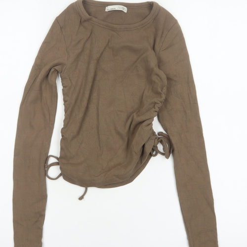 Pull&Bear Women Brown M Ribbed Ruched Drawstring Long Sleeve T-Shirt