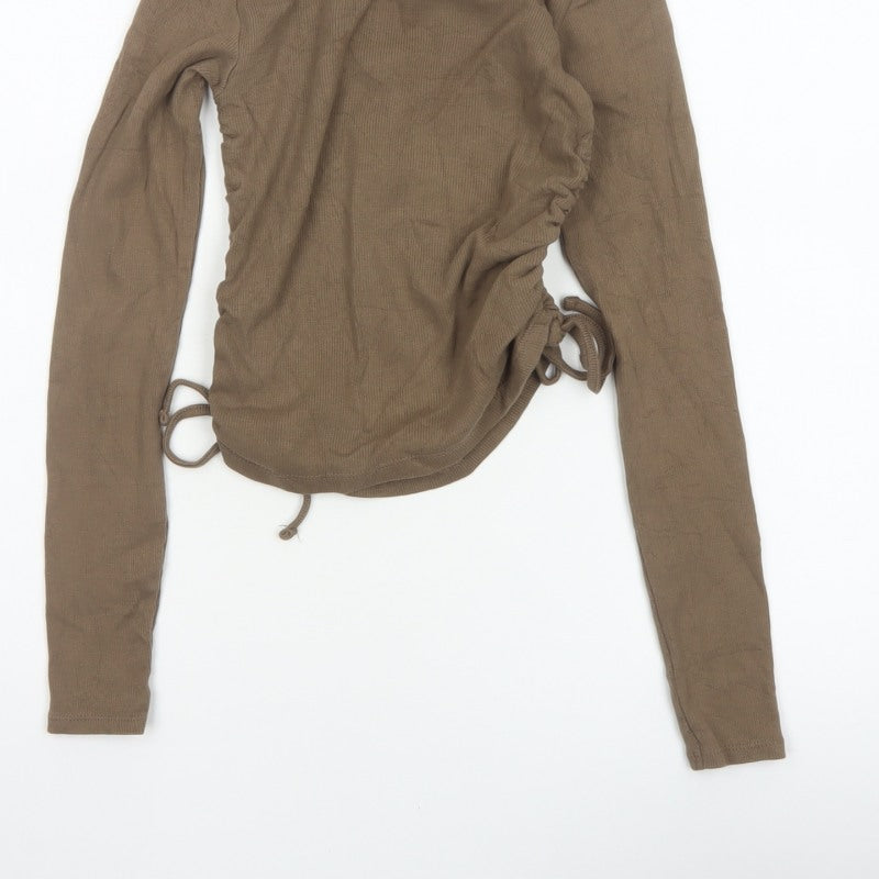 Pull&Bear Women Brown M Ribbed Ruched Drawstring Long Sleeve T-Shirt