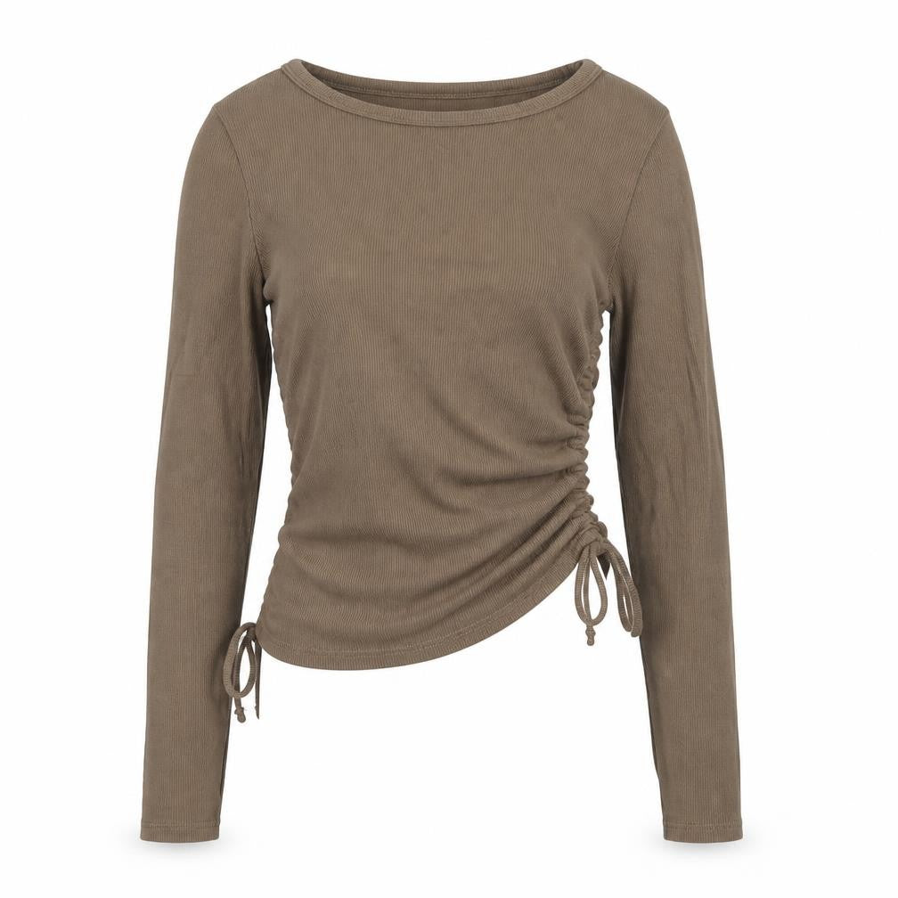 Pull&Bear Women Brown M Ribbed Ruched Drawstring Long Sleeve T-Shirt