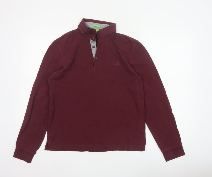 Hugo Boss Men’s Red M Long Sleeve Cotton Logo Polo Shirt
