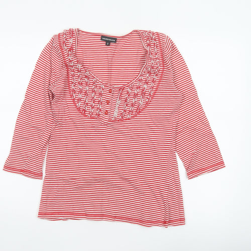 Warehouse Women Red Striped UK 14 Basic Ruffle Cotton 3/4 Sleeve Top