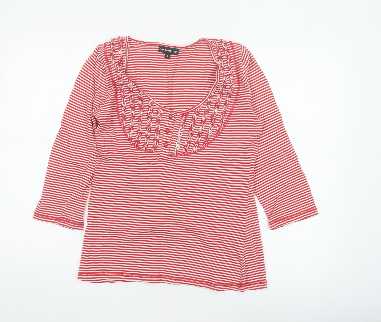 Warehouse Women Red Striped UK 14 Basic Ruffle Cotton 3/4 Sleeve Top
