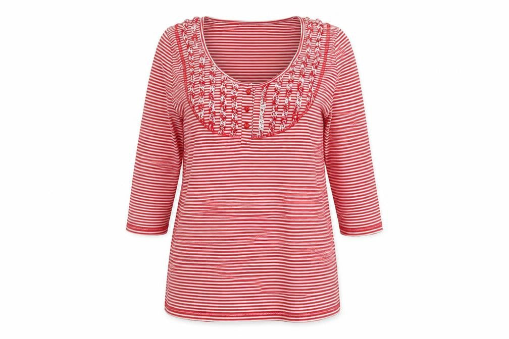 Front view of Warehouse Women Red Striped UK 14 Basic Ruffle Cotton 3/4 Sleeve Top