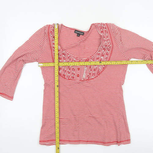Warehouse Women Red Striped UK 14 Basic Ruffle Cotton 3/4 Sleeve Top