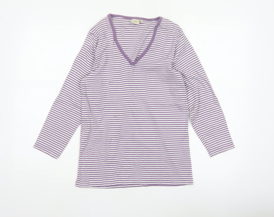 Cotton Traders Women Purple White Stripe V-Neck Cotton Top Size 12