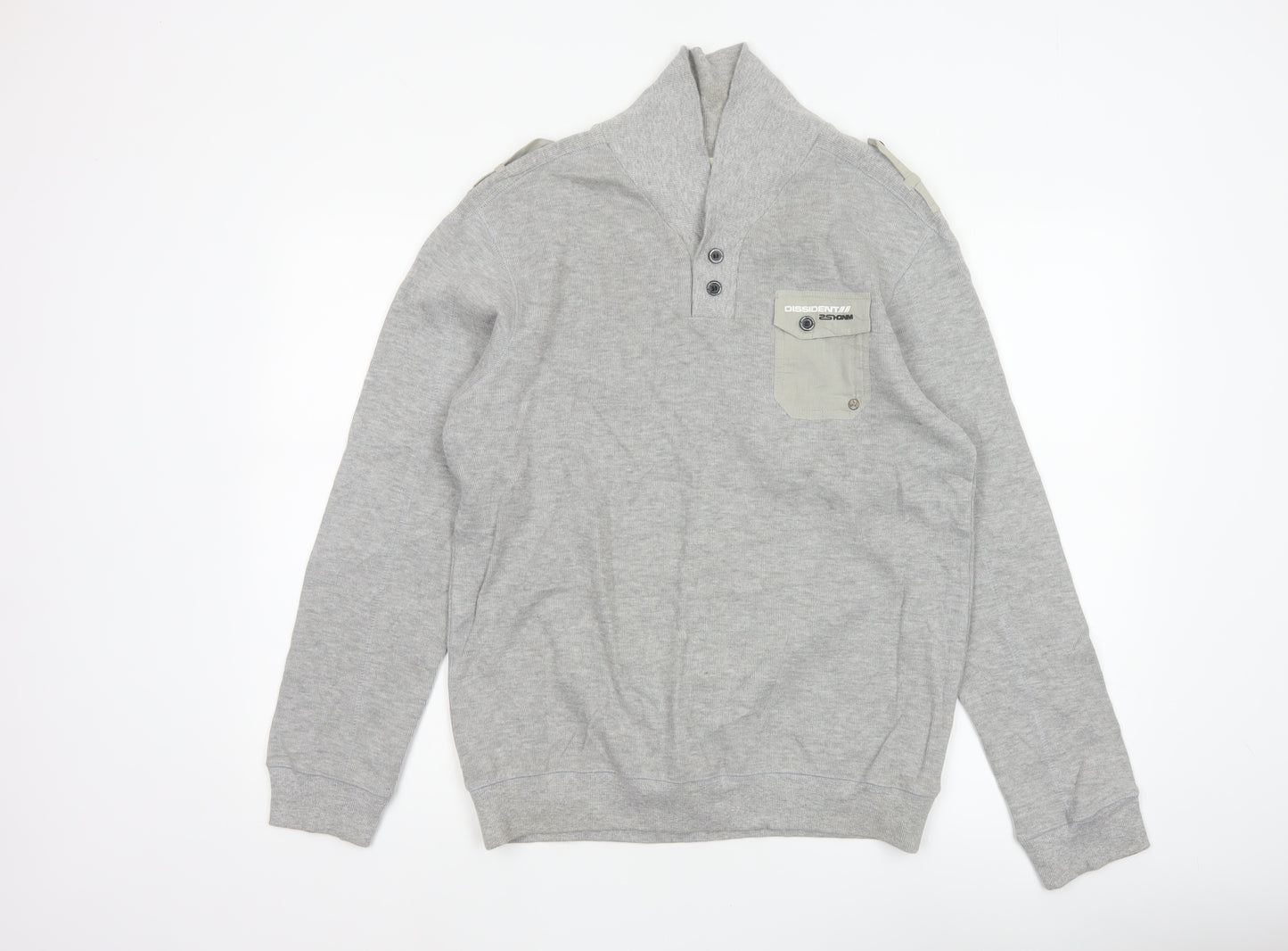Dissident Men Grey M Military Style Henley Long Sleeve Cotton Top