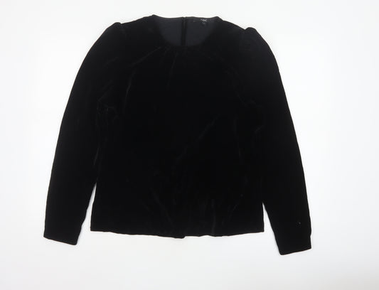 Next Women Black Velvet Balloon Sleeve Round Neck Blouse UK 12