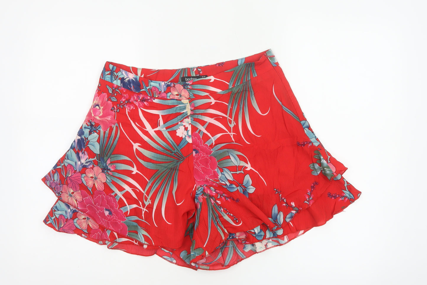 Boohoo Women’s Red Floral Tropical Ruffle Wrap Shorts UK 14