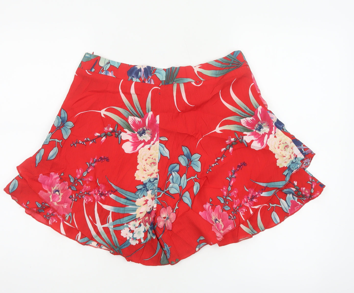Boohoo Women’s Red Floral Tropical Ruffle Wrap Shorts UK 14