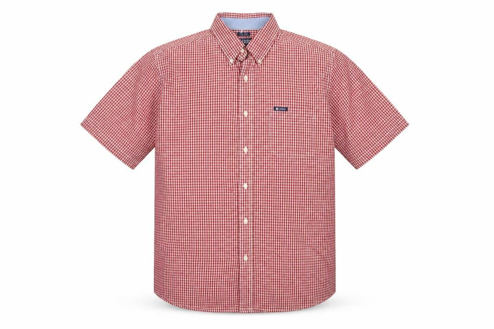 Front view of Chaps Men's Red Check Short Sleeve XL Button-Up Easy Care Shirt