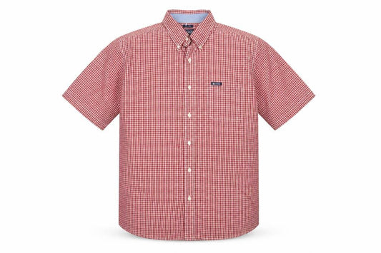 Front view of Chaps Men's Red Check Short Sleeve XL Button-Up Easy Care Shirt