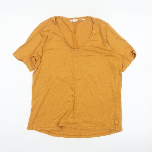Fat Face Women Yellow Linen V-Neck Short Sleeve T-Shirt UK 8
