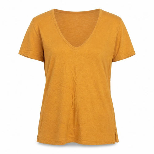 Fat Face Women Yellow Linen V-Neck Short Sleeve T-Shirt UK 8