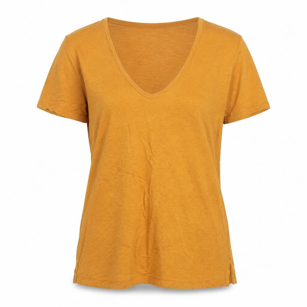 Fat Face Women Yellow Linen V-Neck Short Sleeve T-Shirt UK 8