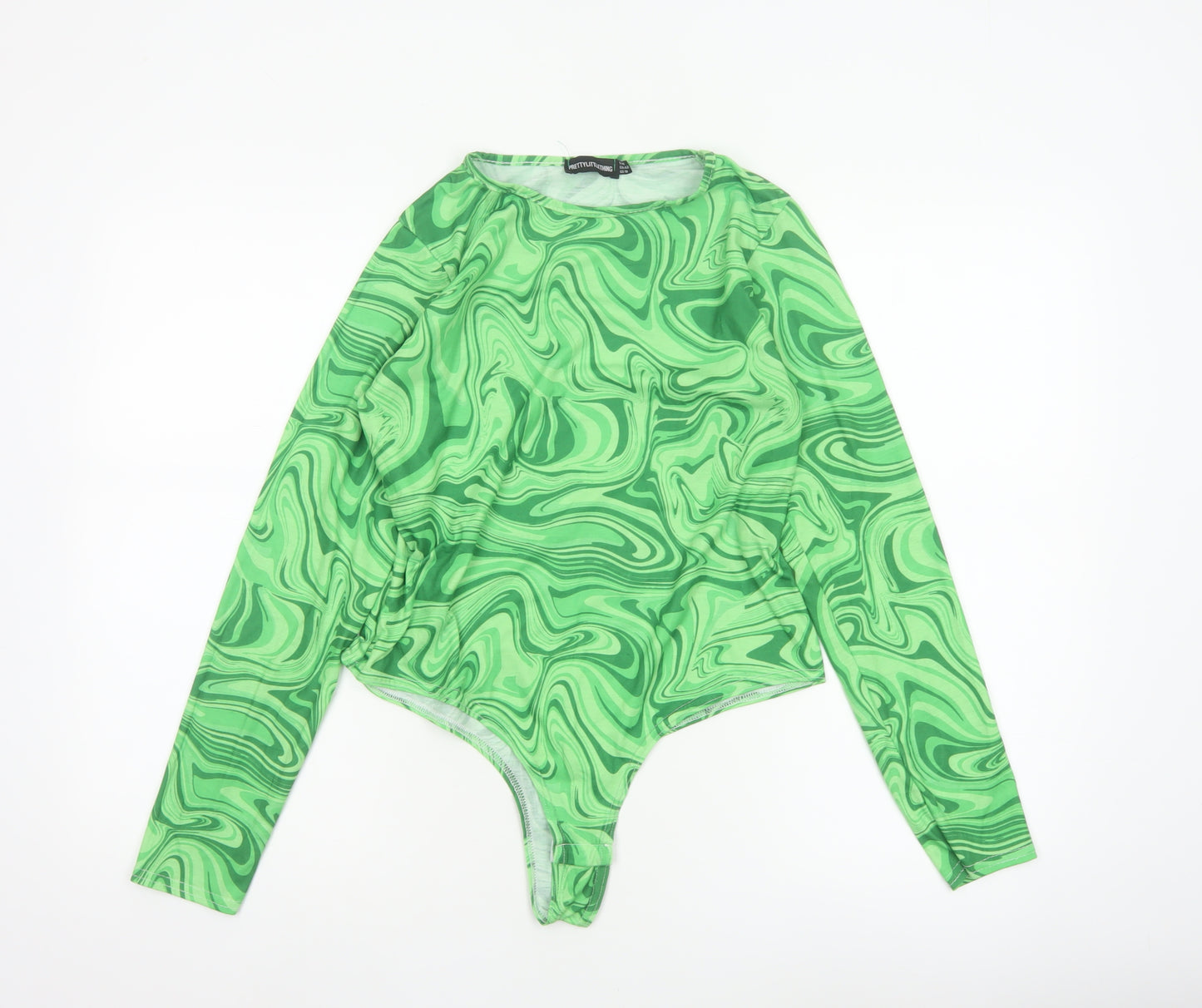 PrettyLittleThing Women Green UK 14 70s Swirl Long Sleeve Bodysuit