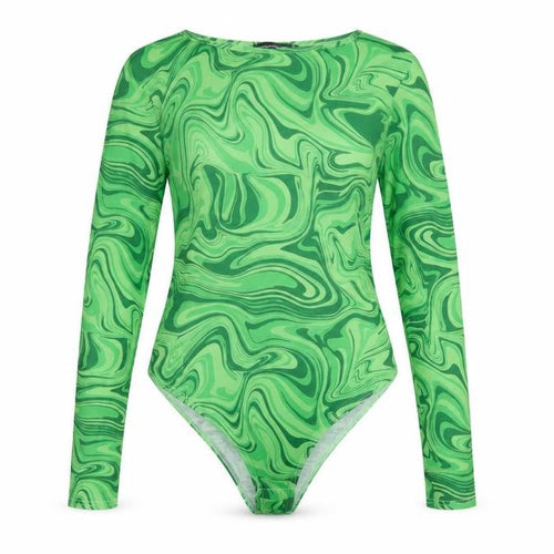 PrettyLittleThing Women Green UK 14 70s Swirl Long Sleeve Bodysuit