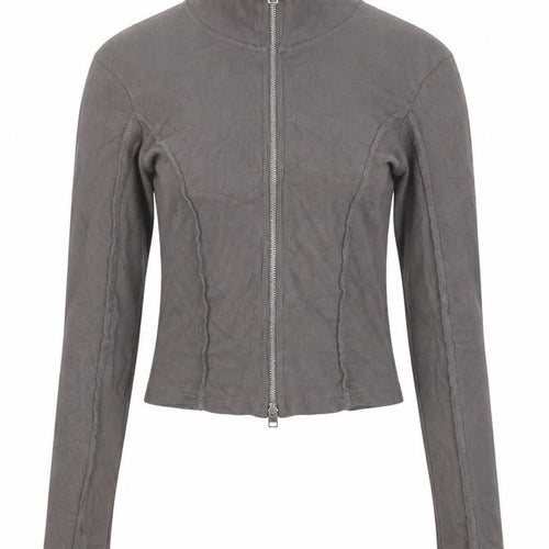 Boohoo Women Grey M Cropped Ribbed High Neck Full Zip Top
