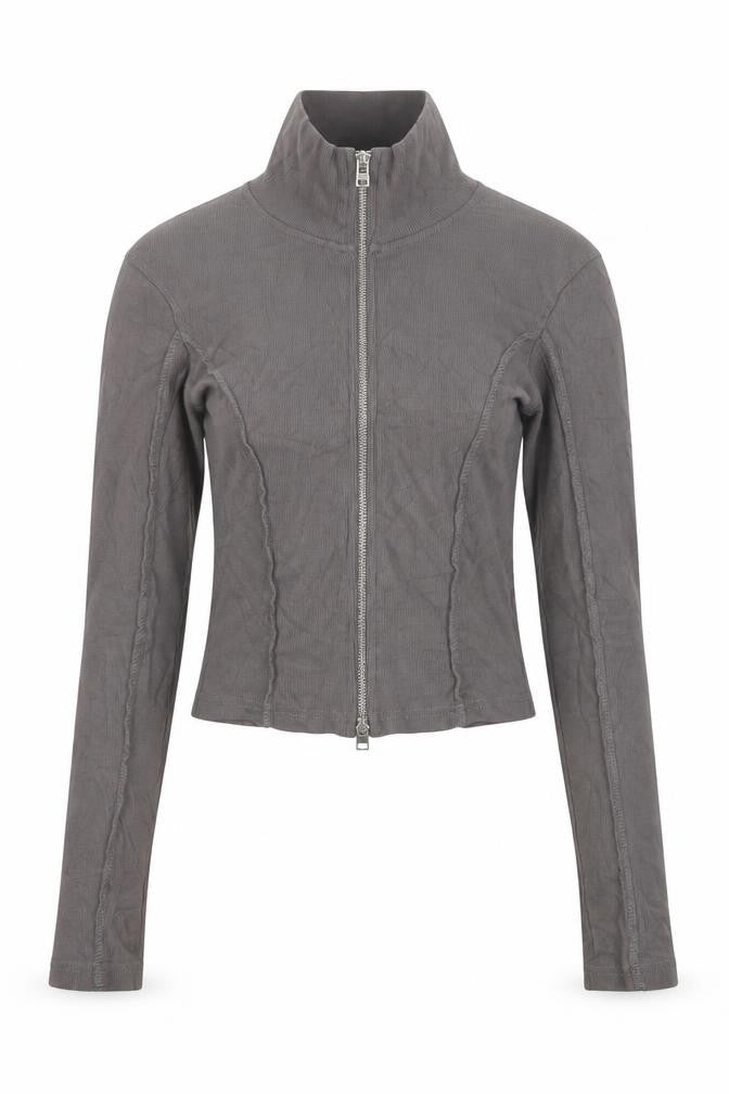 Boohoo Women Grey M Cropped Ribbed High Neck Full Zip Top