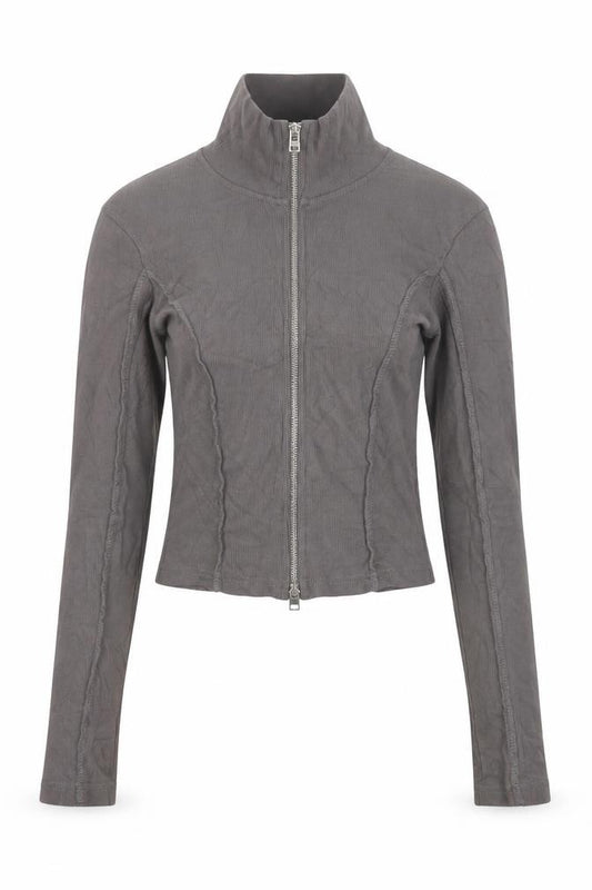 Front view of Boohoo Women Grey M Cropped Ribbed High Neck Full Zip Top