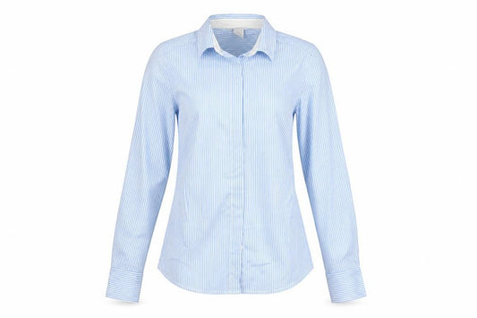 Front view of H&M Women Blue Striped Slim Fit Long Sleeve Button-Up Shirt UK 6