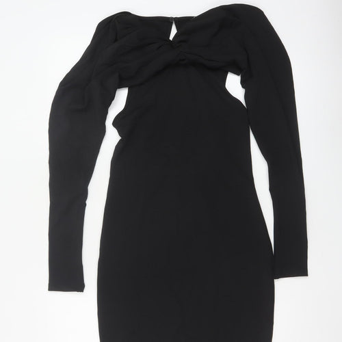 Zara Women Black S Bodycon Knee Length Ruched Keyhole Long Sleeve Dress
