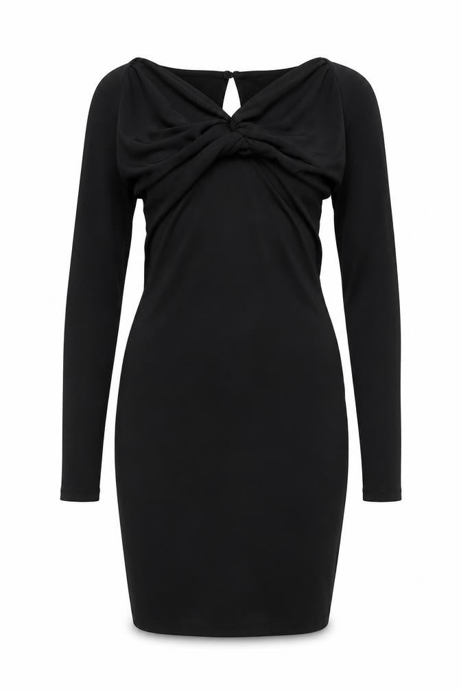 Zara Women Black S Bodycon Knee Length Ruched Keyhole Long Sleeve Dress