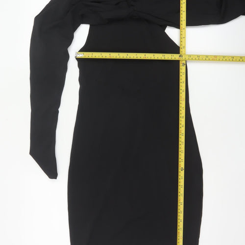 Zara Women Black S Bodycon Knee Length Ruched Keyhole Long Sleeve Dress