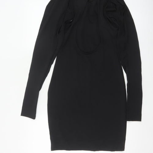 Zara Women Black S Bodycon Knee Length Ruched Keyhole Long Sleeve Dress