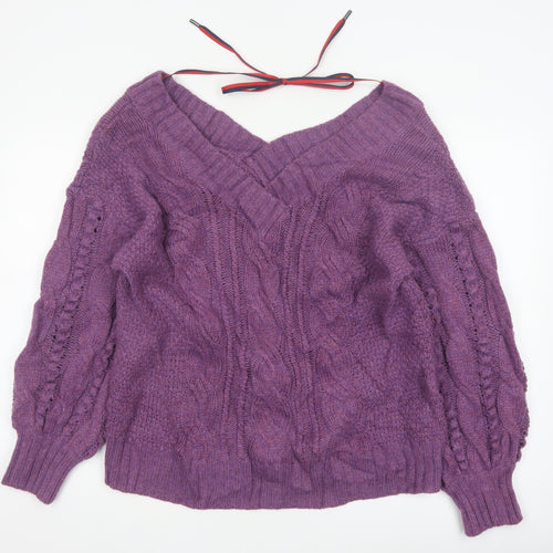 Ted Baker Women Purple M Wool Cable Knit V-Neck Jumper