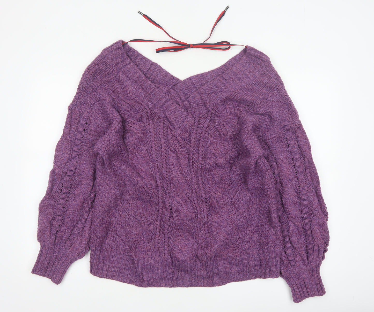 Ted Baker Women Purple M Wool Cable Knit V-Neck Jumper