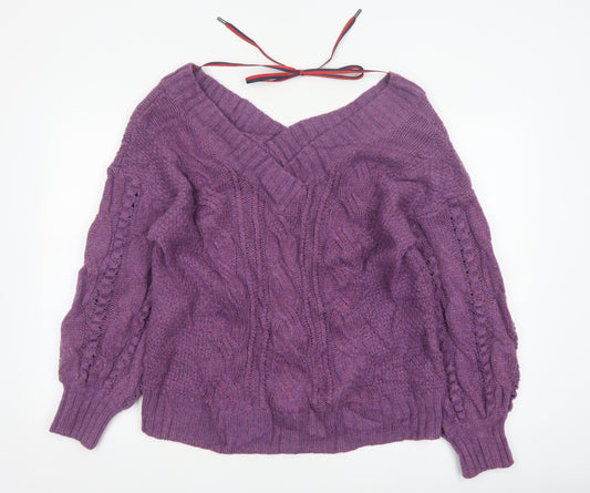 Ted Baker Women Purple M Wool Cable Knit V-Neck Jumper