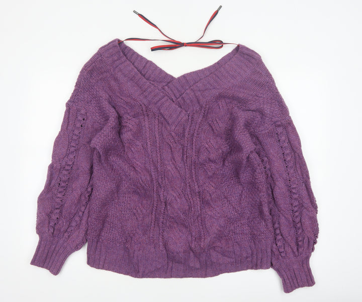 Ted Baker Women Purple M Wool Cable Knit V-Neck Jumper