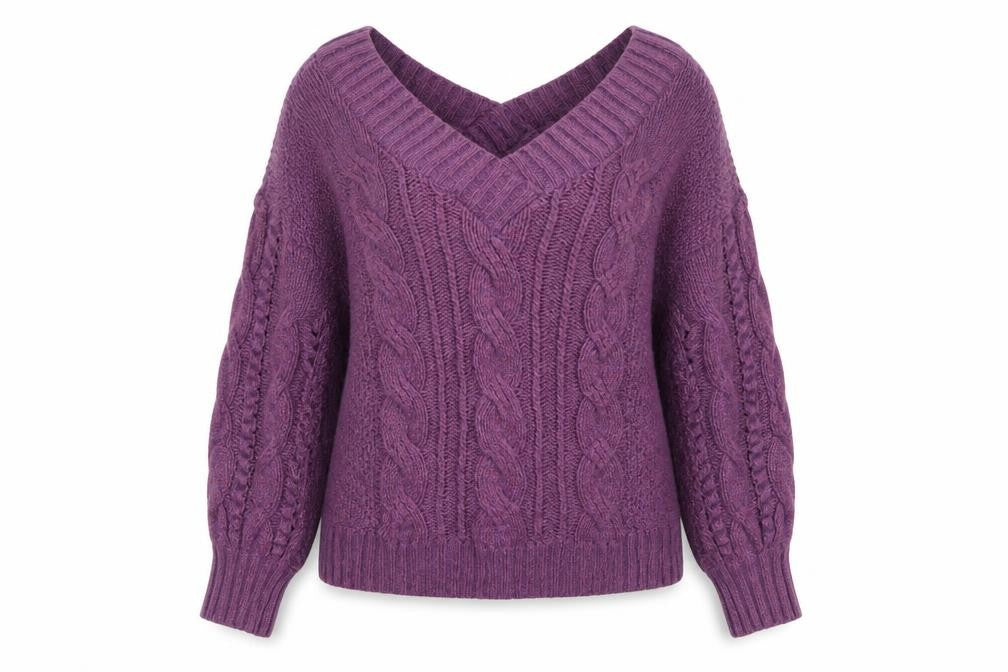Ted Baker Women Purple M Wool Cable Knit V-Neck Jumper