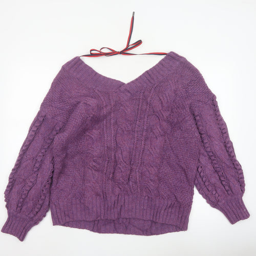 Ted Baker Women Purple M Wool Cable Knit V-Neck Jumper