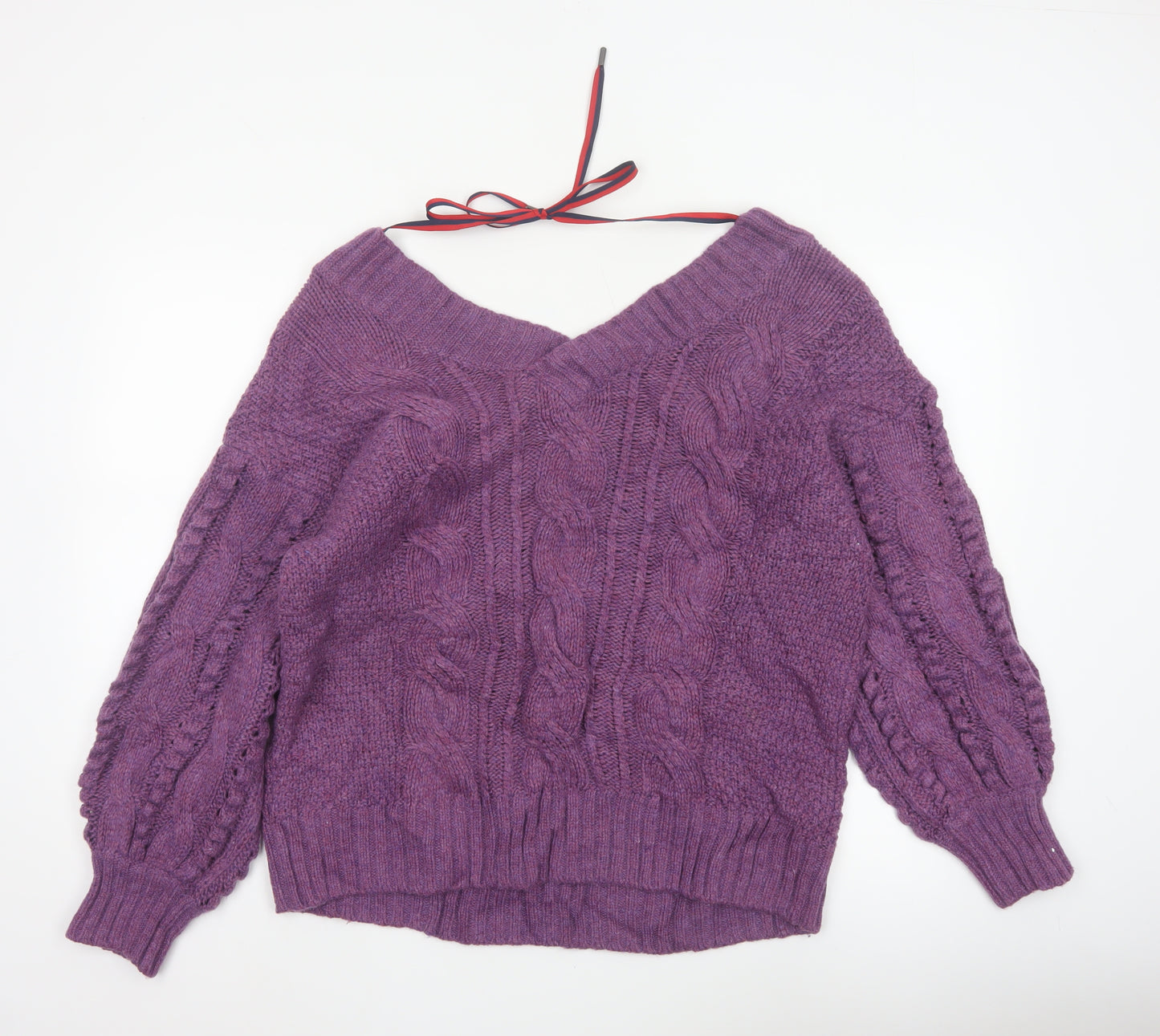 Ted Baker Women Purple M Wool Cable Knit V-Neck Jumper