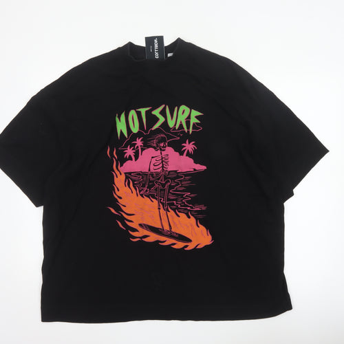 Collusion Men’s Black L Hot Surf Skull Graphic Oversized T-Shirt