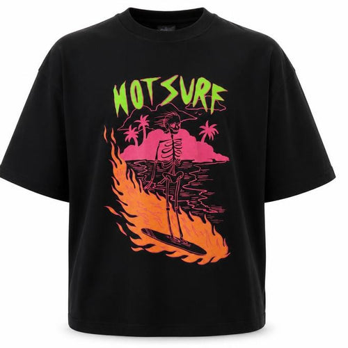 Collusion Men’s Black L Hot Surf Skull Graphic Oversized T-Shirt