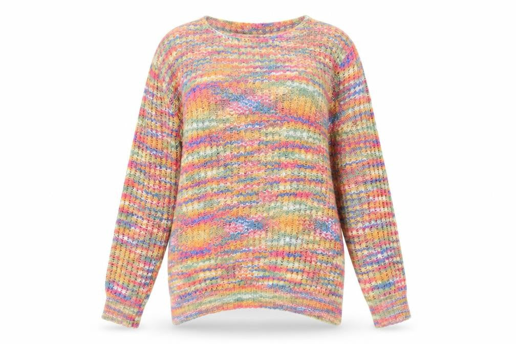 Front view of Just Elegance Women's Multicoloured M Open Knit Striped Scoop Neck Jumper