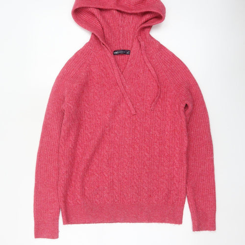 Marks and Spencer Women Pink XS Hooded Cable Knit V-Neck Jumper