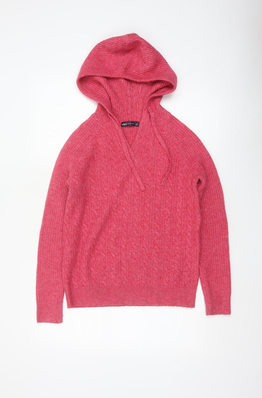 Marks and Spencer Women Pink XS Hooded Cable Knit V-Neck Jumper