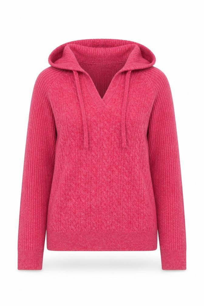 Marks and Spencer Women Pink XS Hooded Cable Knit V-Neck Jumper
